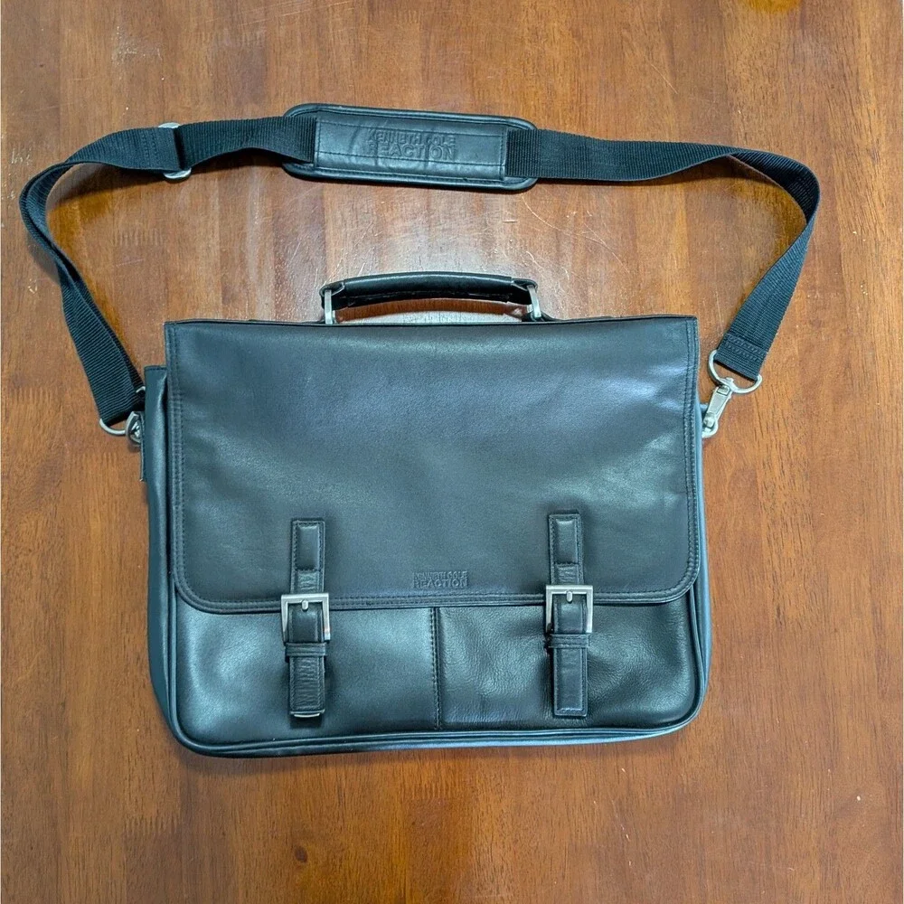Kenneth Cole Black Leather Laptop Brief Case Messenger Crossbody Career Vintage